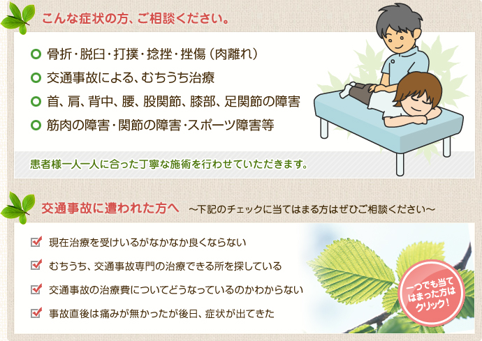 骨折。脱臼・打撲・捻挫・（肉離れ）　交通事故による、ムチウチ治療　首、肩、背中、腰、股関節、膝部、足関節の障害　筋肉の障害・関節の障害・スポーツ障害等